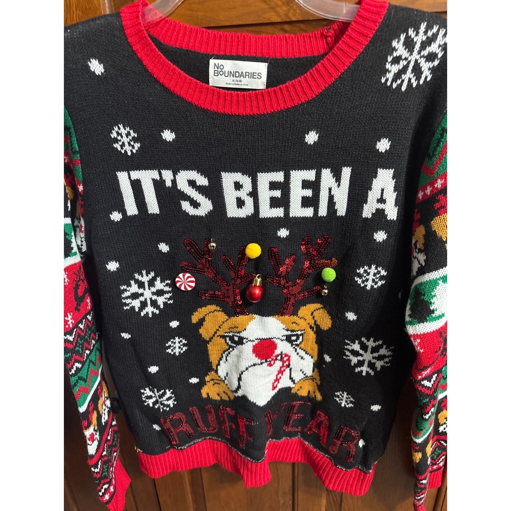 No Boundaries XL Ugly Christmas Sweater It's Been A Ruff Year Bulldog Black